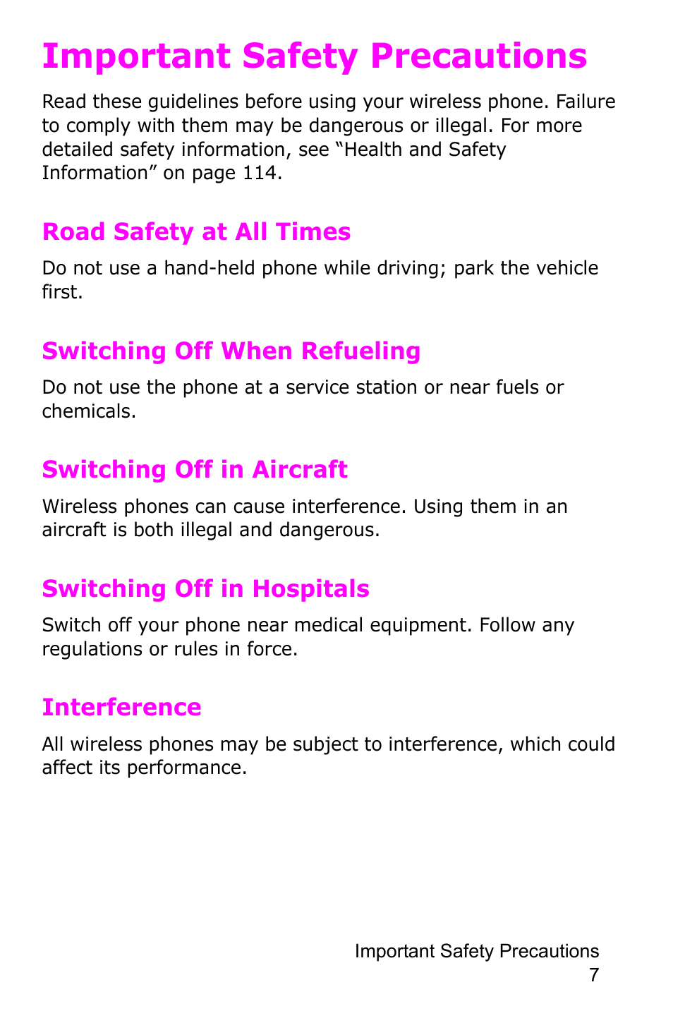 Important safety precautions, Road safety at all times, Switching off when refueling | Switching off in aircraft, Switching off in hospitals, Interference | Samsung SGH-E105CSATMB User Manual | Page 10 / 165