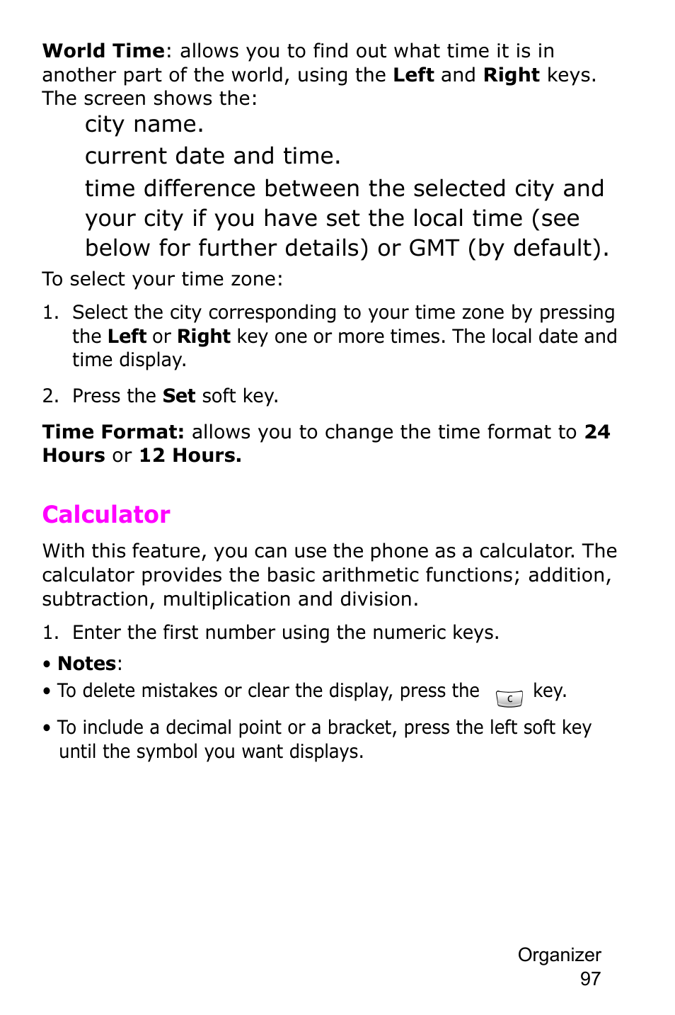 Calculator, City name, Current date and time | Samsung SGH-E105CSATMB User Manual | Page 100 / 165