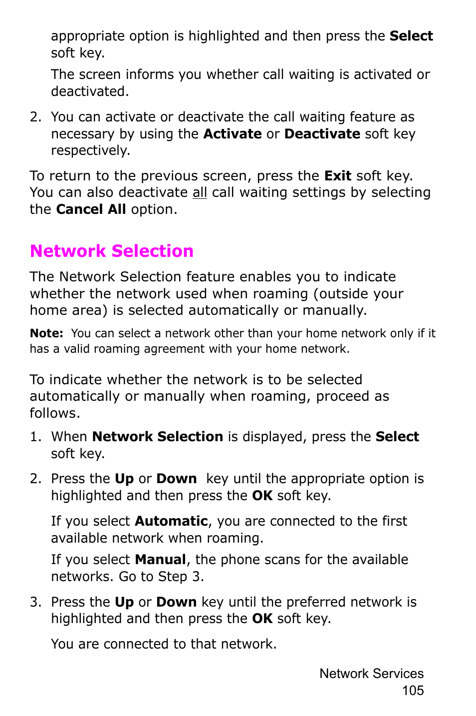 Network selection | Samsung SGH-E105CSATMB User Manual | Page 108 / 165