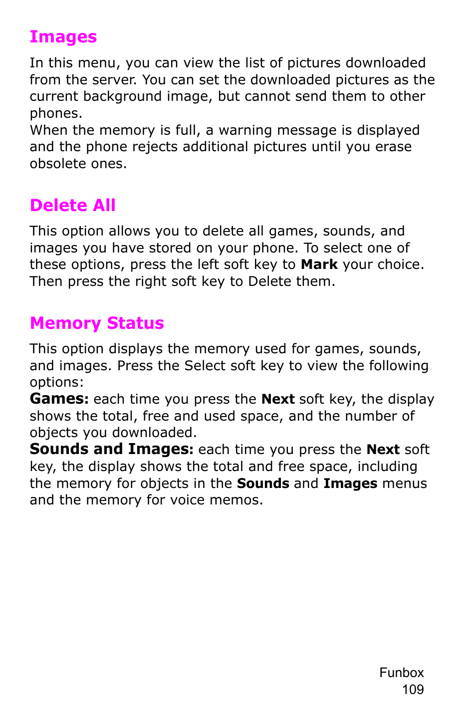Images, Delete all, Memory status | Images delete all | Samsung SGH-E105CSATMB User Manual | Page 112 / 165