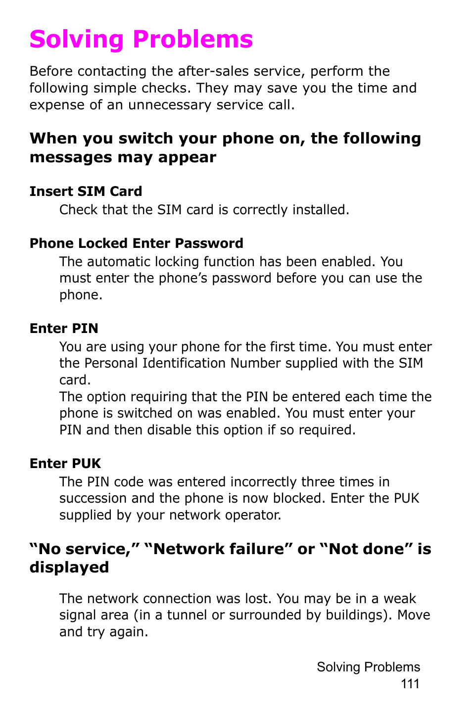 Solving problems | Samsung SGH-E105CSATMB User Manual | Page 114 / 165