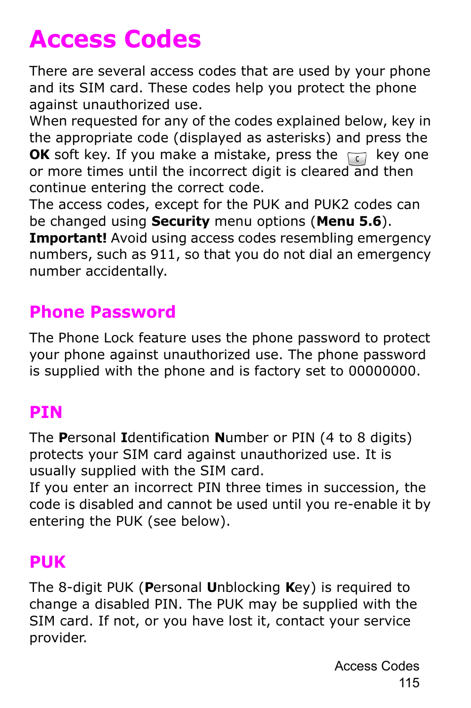 Access codes, Phone password, Phone password pin puk | Samsung SGH-E105CSATMB User Manual | Page 118 / 165