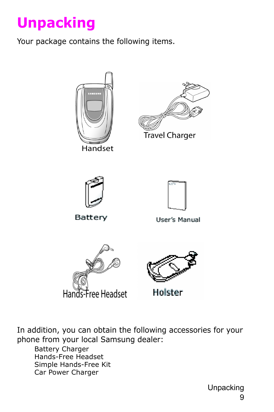 Unpacking | Samsung SGH-E105CSATMB User Manual | Page 12 / 165