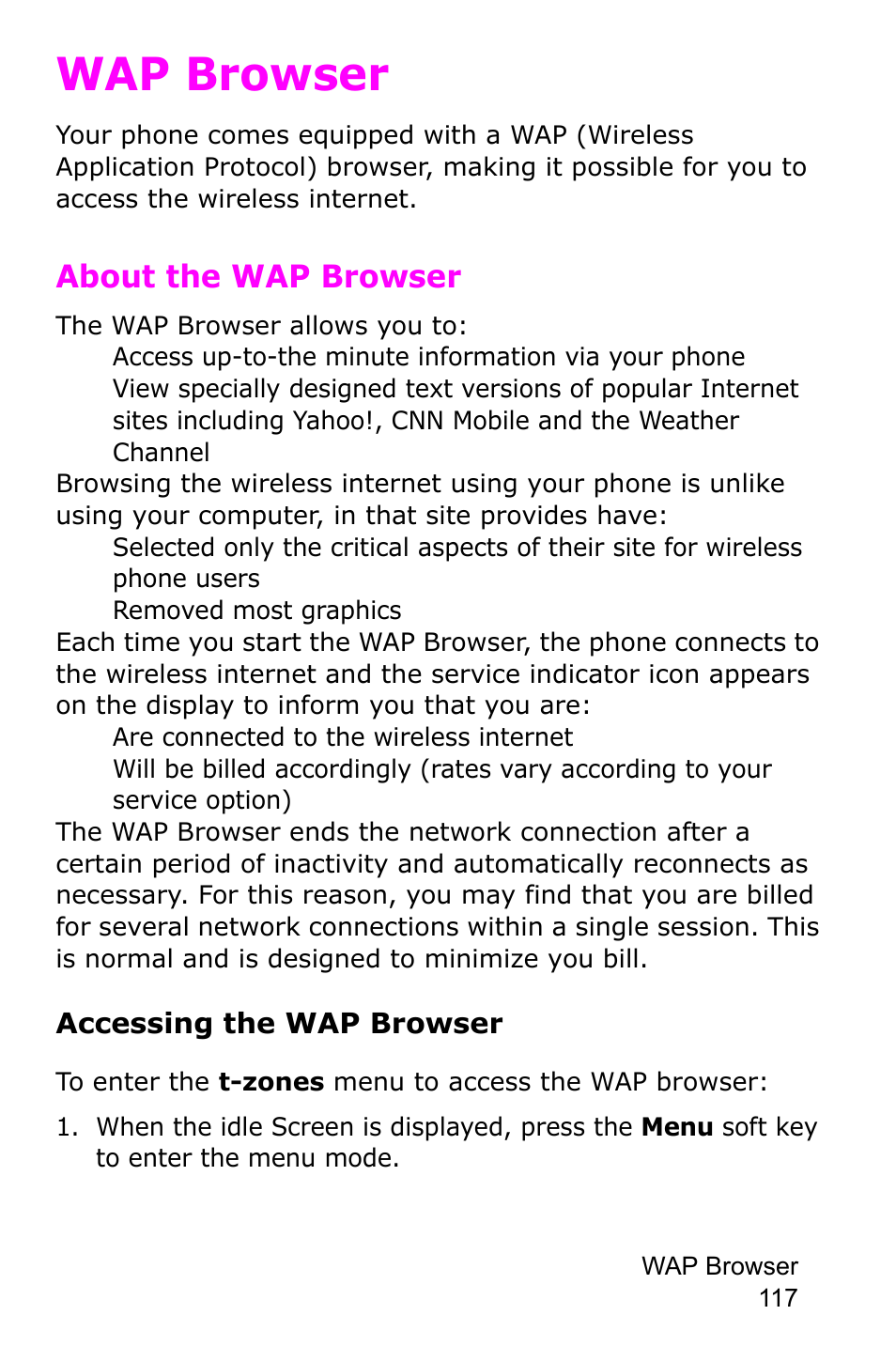 Wap browser, About the wap browser, Accessing the wap browser | Samsung SGH-E105CSATMB User Manual | Page 120 / 165