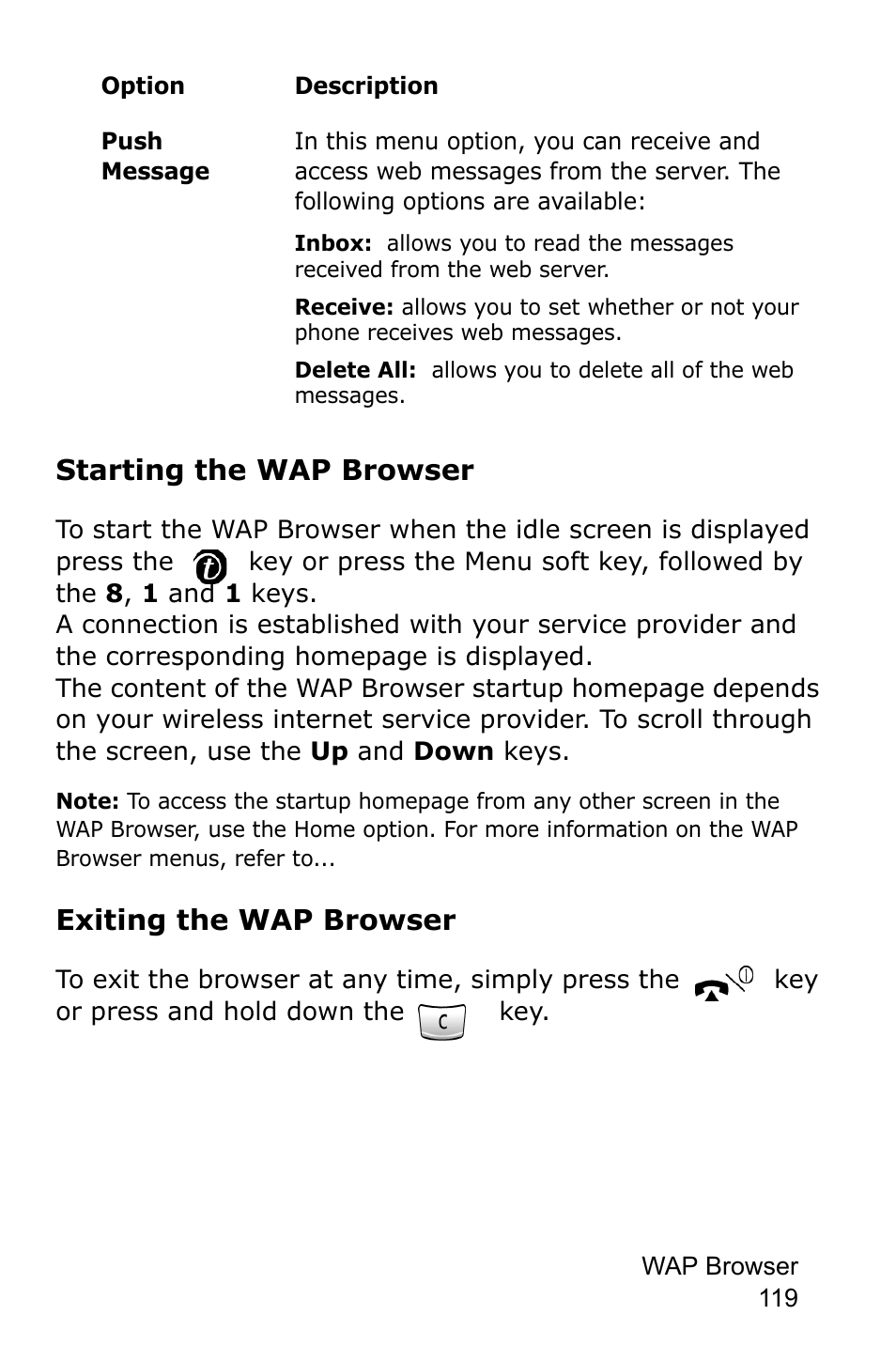 Starting the wap browser, Exiting the wap browser | Samsung SGH-E105CSATMB User Manual | Page 122 / 165