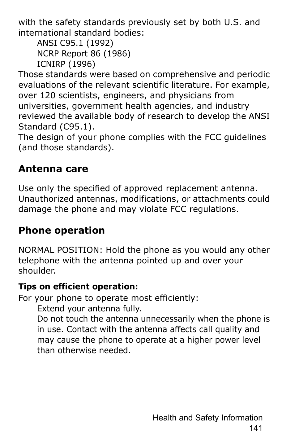 Antenna care, Phone operation | Samsung SGH-E105CSATMB User Manual | Page 144 / 165