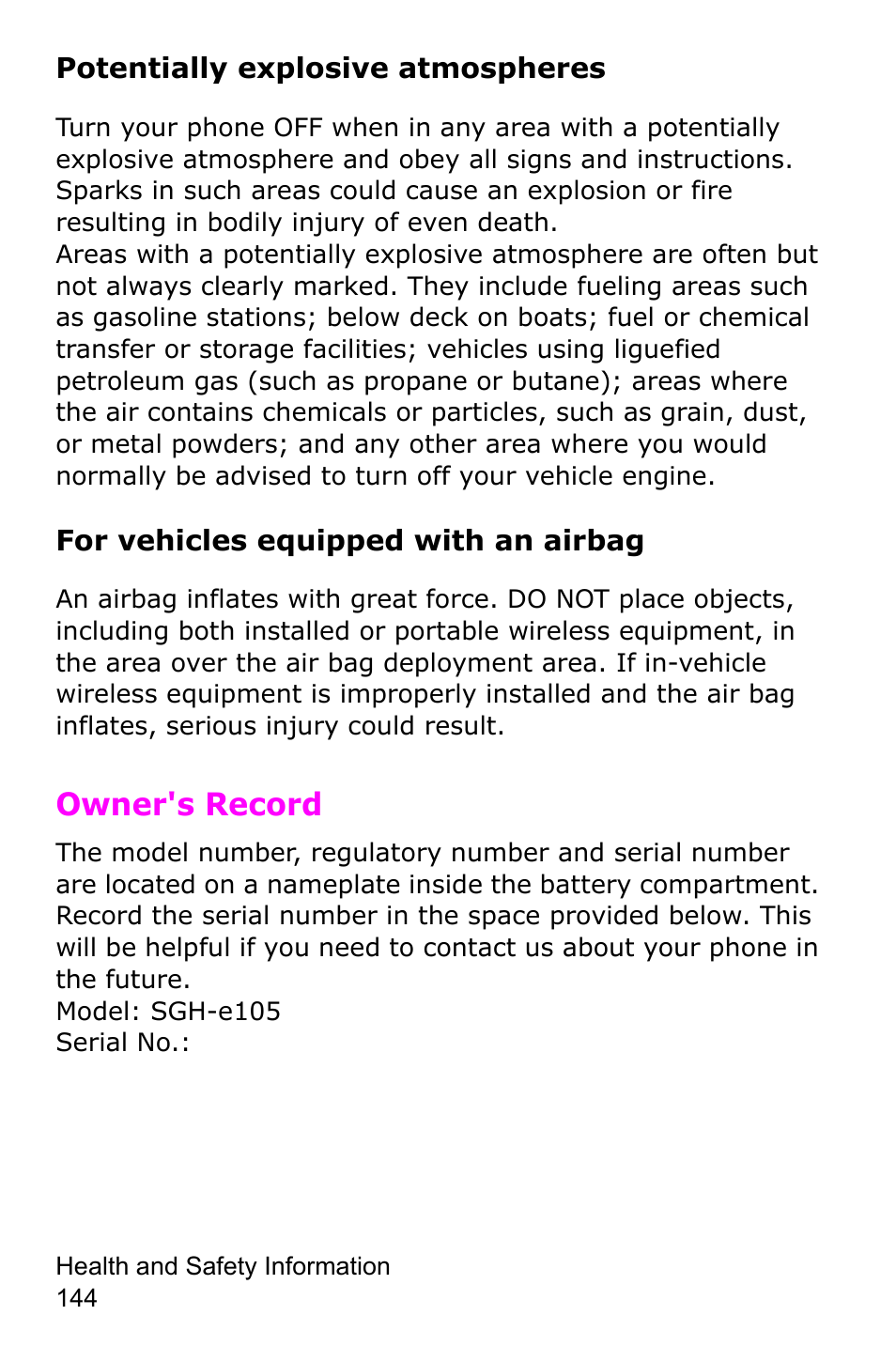 Owner's record | Samsung SGH-E105CSATMB User Manual | Page 147 / 165