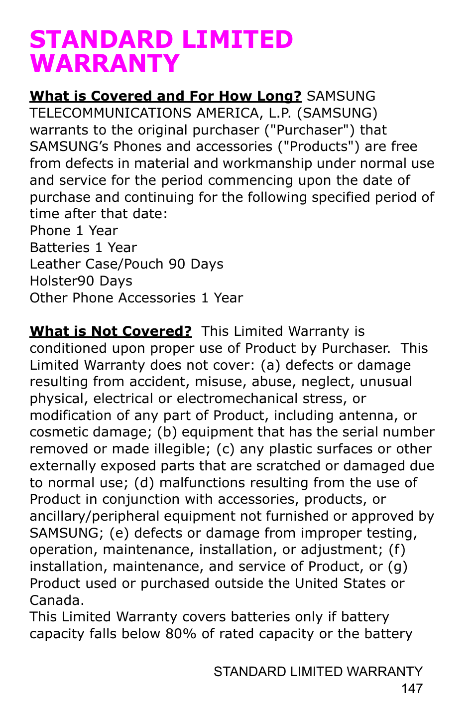 Standard limited warranty | Samsung SGH-E105CSATMB User Manual | Page 150 / 165