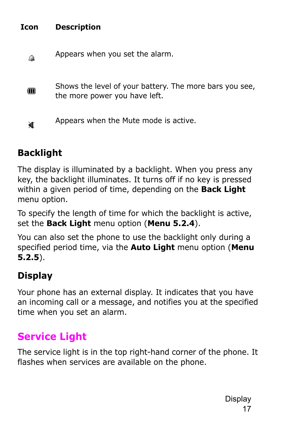 Service light | Samsung SGH-E105CSATMB User Manual | Page 20 / 165