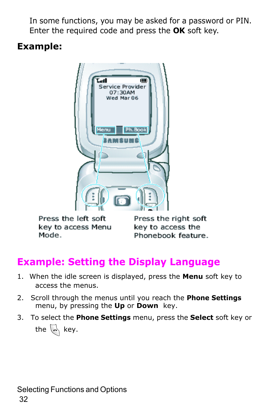 Example: setting the display language, Example | Samsung SGH-E105CSATMB User Manual | Page 35 / 165