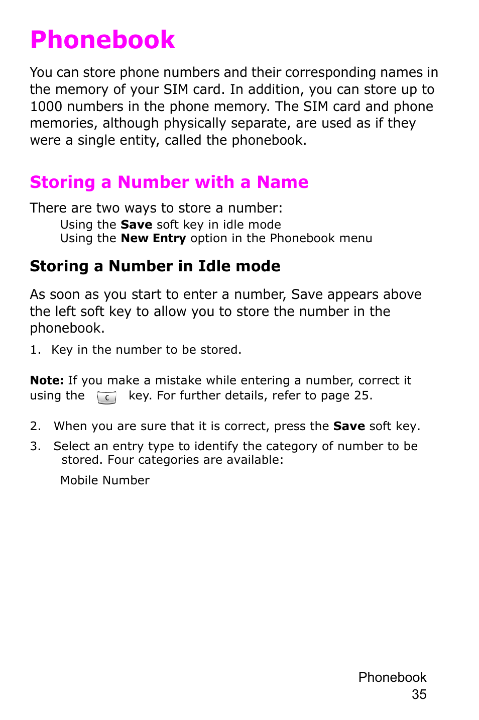 Phonebook, Storing a number with a name, Storing a number in idle mode | Samsung SGH-E105CSATMB User Manual | Page 38 / 165