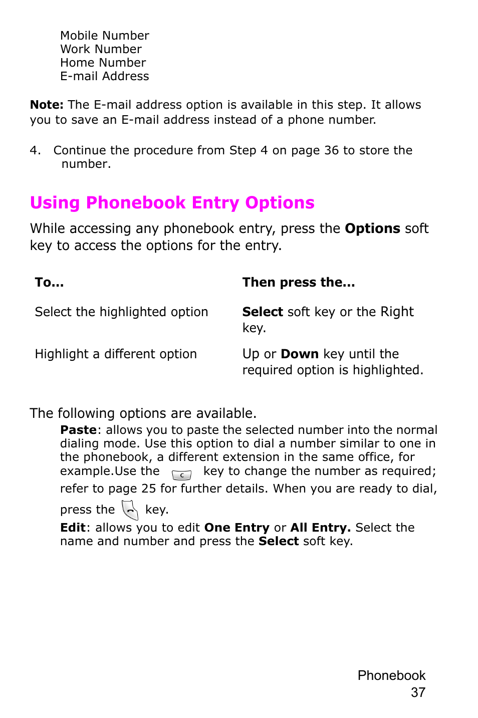 Using phonebook entry options | Samsung SGH-E105CSATMB User Manual | Page 40 / 165