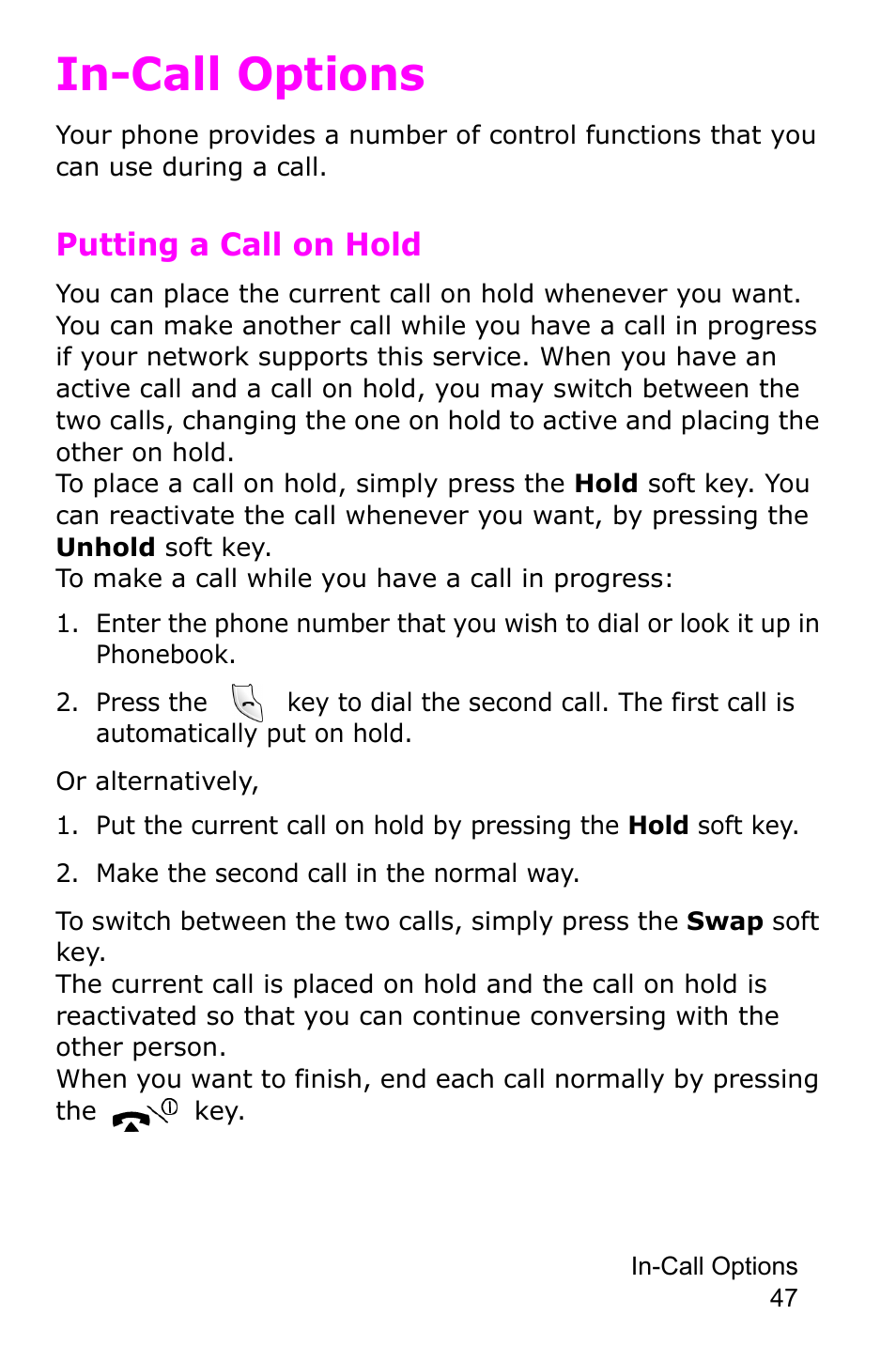 In-call options, Putting a call on hold | Samsung SGH-E105CSATMB User Manual | Page 50 / 165