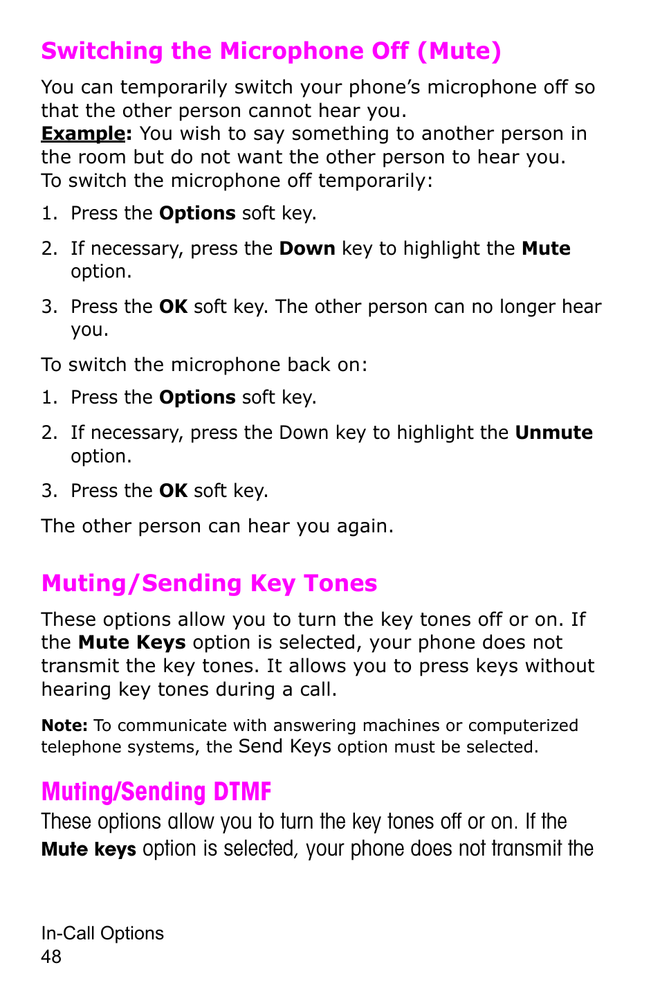 Switching the microphone off (mute), Muting/sending key tones, Muting/sending dtmf | Samsung SGH-E105CSATMB User Manual | Page 51 / 165