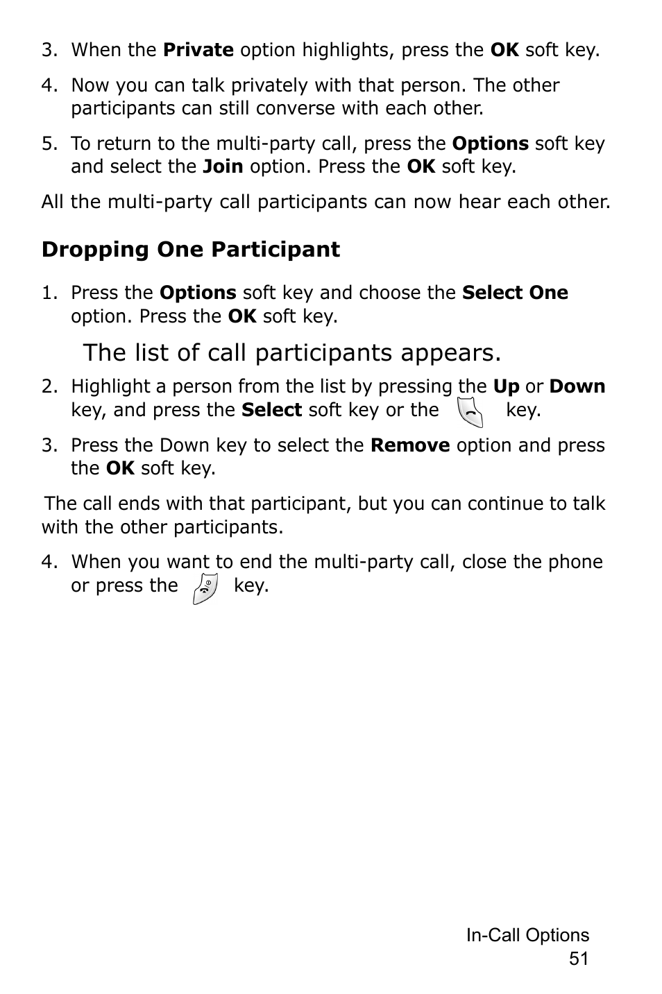 The list of call participants appears, Dropping one participant | Samsung SGH-E105CSATMB User Manual | Page 54 / 165