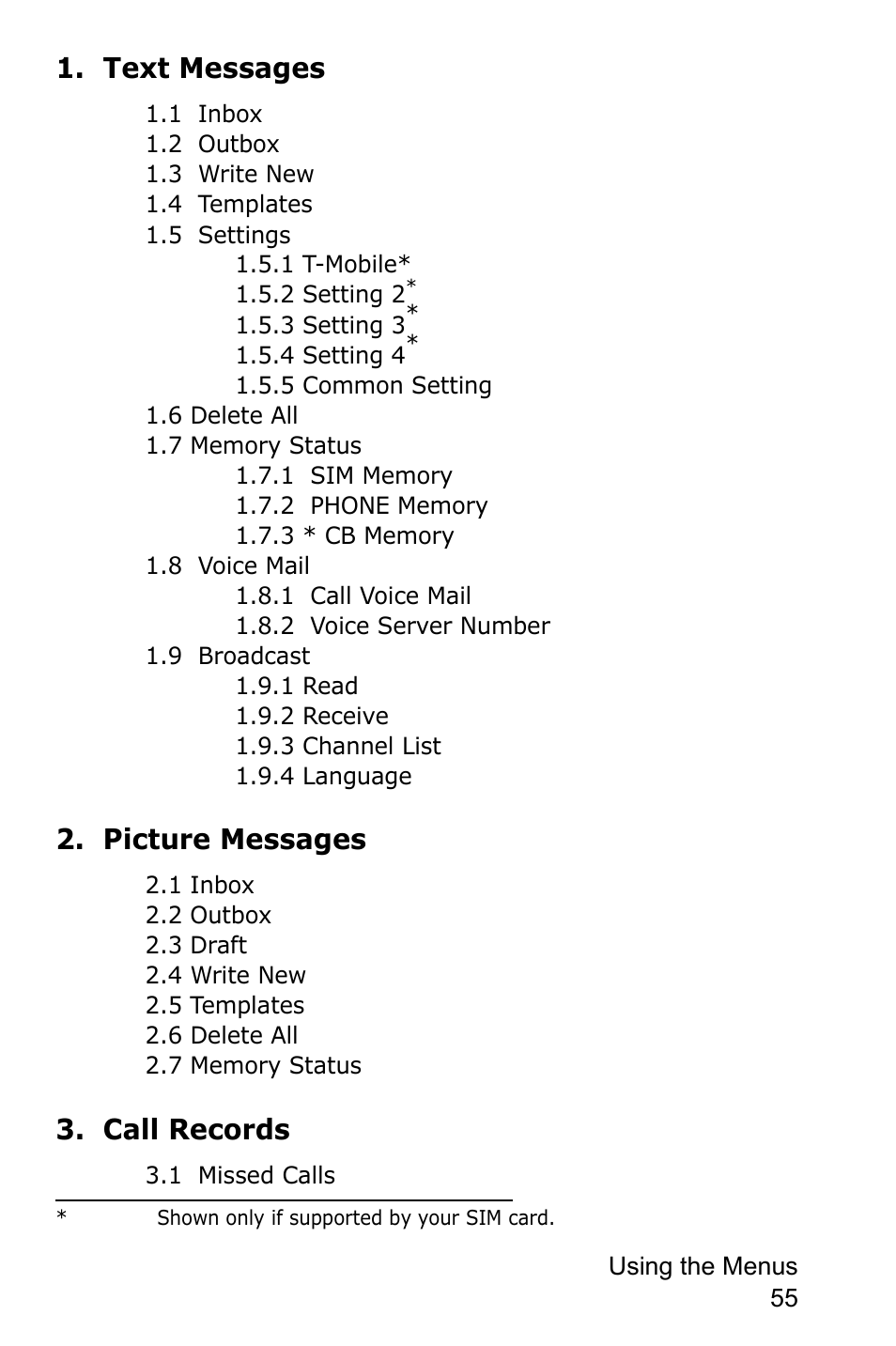 Text messages, Picture messages, Call records | Samsung SGH-E105CSATMB User Manual | Page 58 / 165