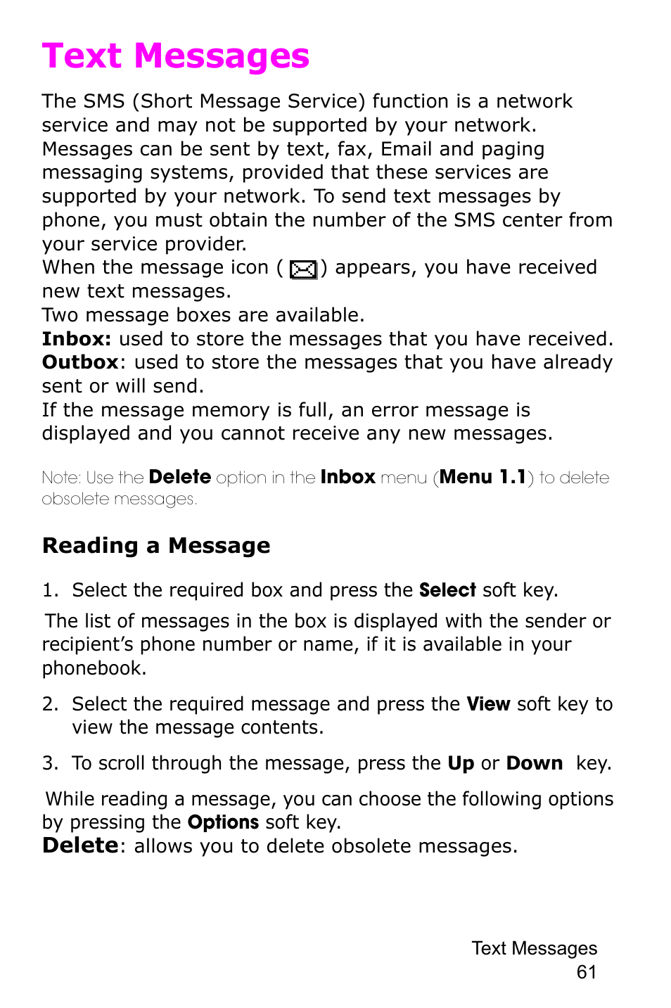 Text messages, Reading a message, Delete | Samsung SGH-E105CSATMB User Manual | Page 64 / 165