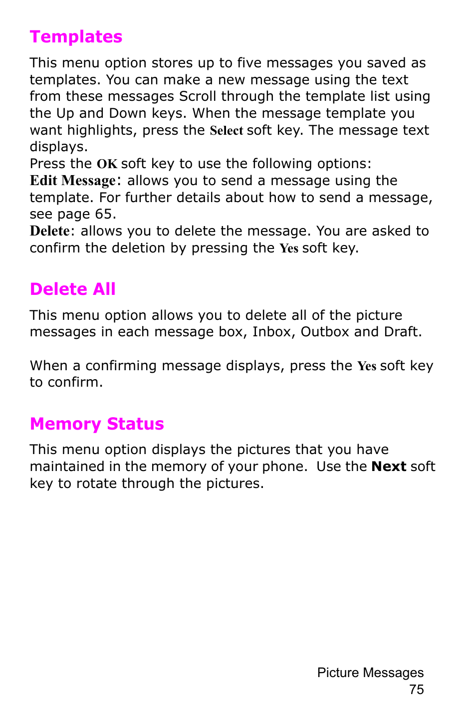 Templates, Delete all, Memory status | Templates delete all memory status | Samsung SGH-E105CSATMB User Manual | Page 78 / 165