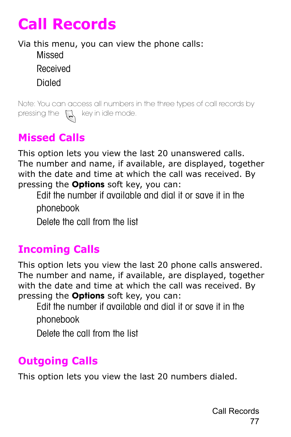 Call records, Missed calls, Incoming calls | Outgoing calls, Missed calls incoming calls outgoing calls | Samsung SGH-E105CSATMB User Manual | Page 80 / 165