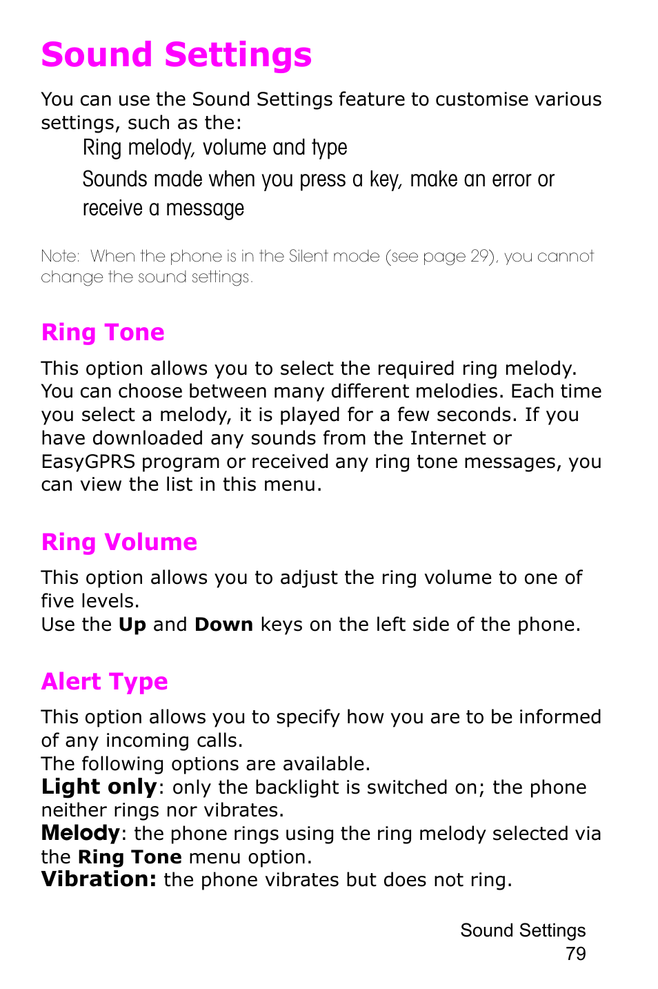 Sound settings, Ring tone, Ring volume | Alert type, Ring tone ring volume alert type | Samsung SGH-E105CSATMB User Manual | Page 82 / 165