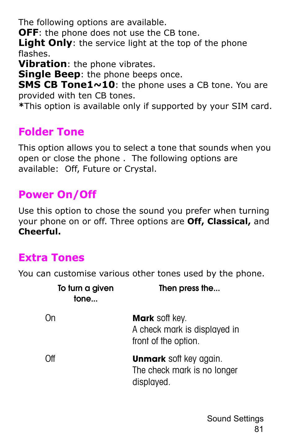 Folder tone, Power on/off, Extra tones | Folder tone power on/off extra tones | Samsung SGH-E105CSATMB User Manual | Page 84 / 165