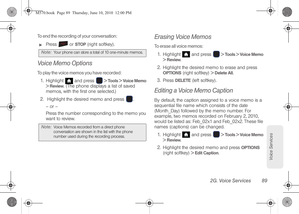 Voice memo options, Erasing voice memos, Editing a voice memo caption | Samsung SPH-M570ZKASPR User Manual | Page 101 / 211