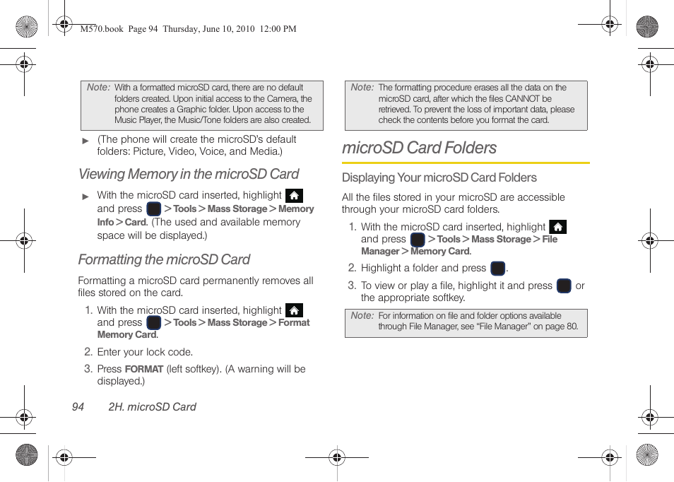 Viewing memory in the microsd card, Formatting the microsd card, Microsd card folders | Samsung SPH-M570ZKASPR User Manual | Page 106 / 211