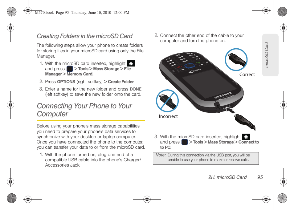 Creating folders in the microsd card, Connecting your phone to your computer | Samsung SPH-M570ZKASPR User Manual | Page 107 / 211