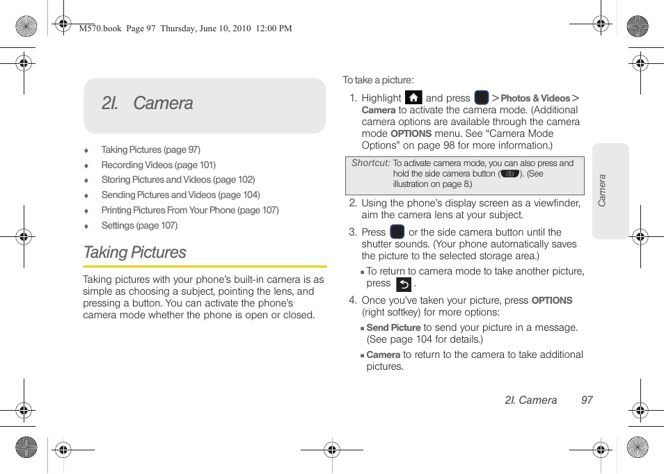 2i. camera, Taking pictures, Camera | Samsung SPH-M570ZKASPR User Manual | Page 109 / 211