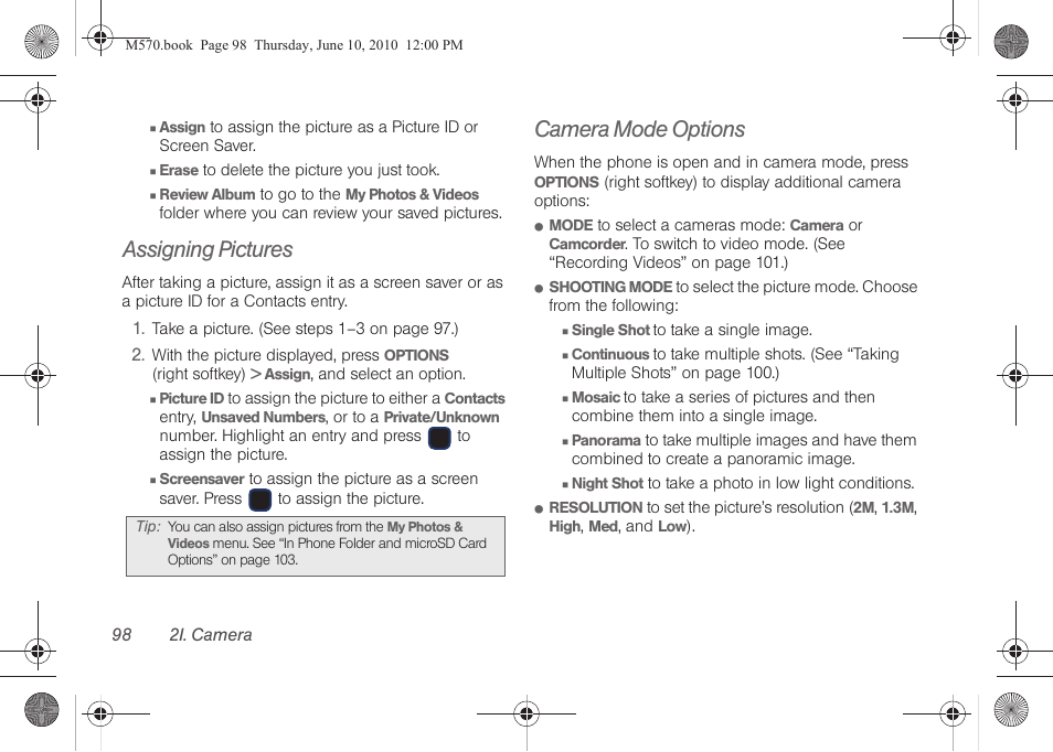 Assigning pictures, Camera mode options | Samsung SPH-M570ZKASPR User Manual | Page 110 / 211