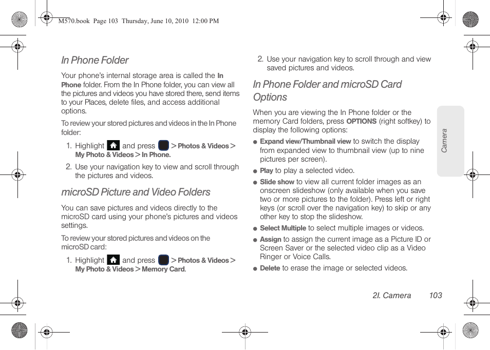 In phone folder, Microsd picture and video folders, In phone folder and microsd card options | Nu. see “in phone folder and microsd card | Samsung SPH-M570ZKASPR User Manual | Page 115 / 211