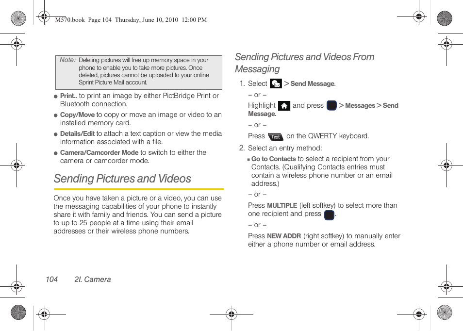 Sending pictures and videos, Sending pictures and videos from messaging | Samsung SPH-M570ZKASPR User Manual | Page 116 / 211