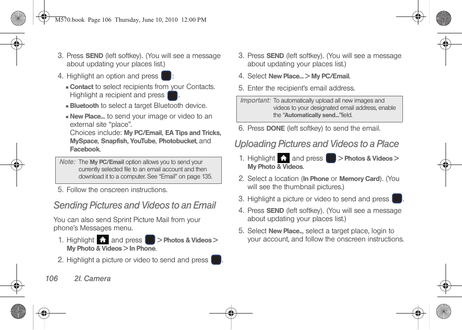 Sending pictures and videos to an email, Uploading pictures and videos to a place | Samsung SPH-M570ZKASPR User Manual | Page 118 / 211