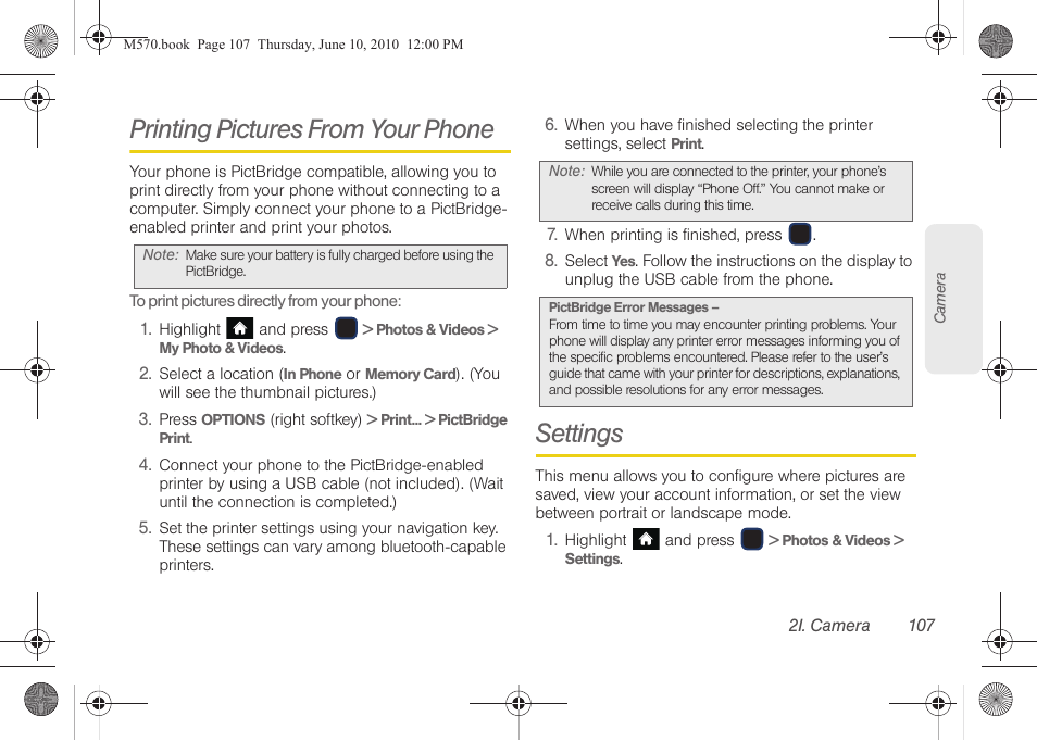 Printing pictures from your phone, Settings | Samsung SPH-M570ZKASPR User Manual | Page 119 / 211