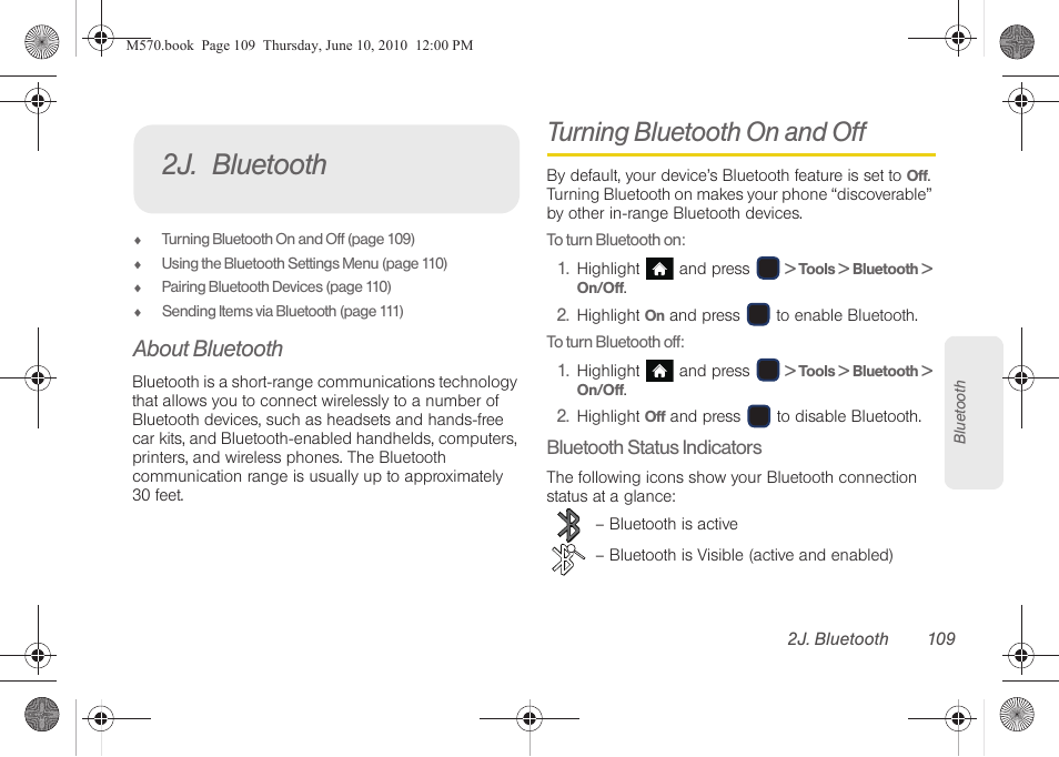 2j. bluetooth, About bluetooth, Turning bluetooth on and off | Samsung SPH-M570ZKASPR User Manual | Page 121 / 211