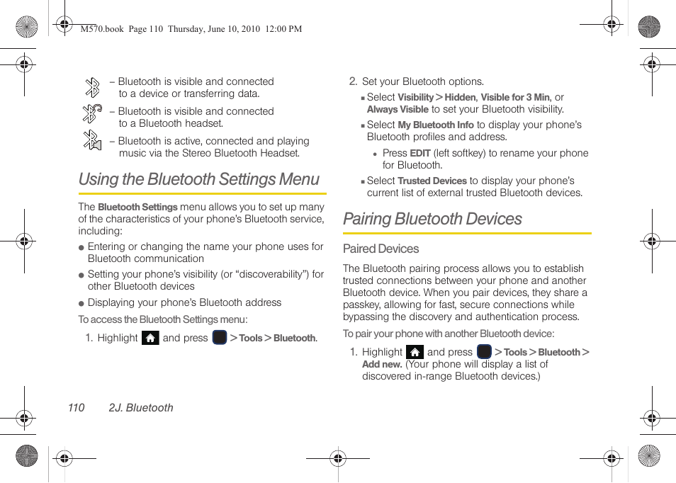 Using the bluetooth settings menu, Pairing bluetooth devices | Samsung SPH-M570ZKASPR User Manual | Page 122 / 211