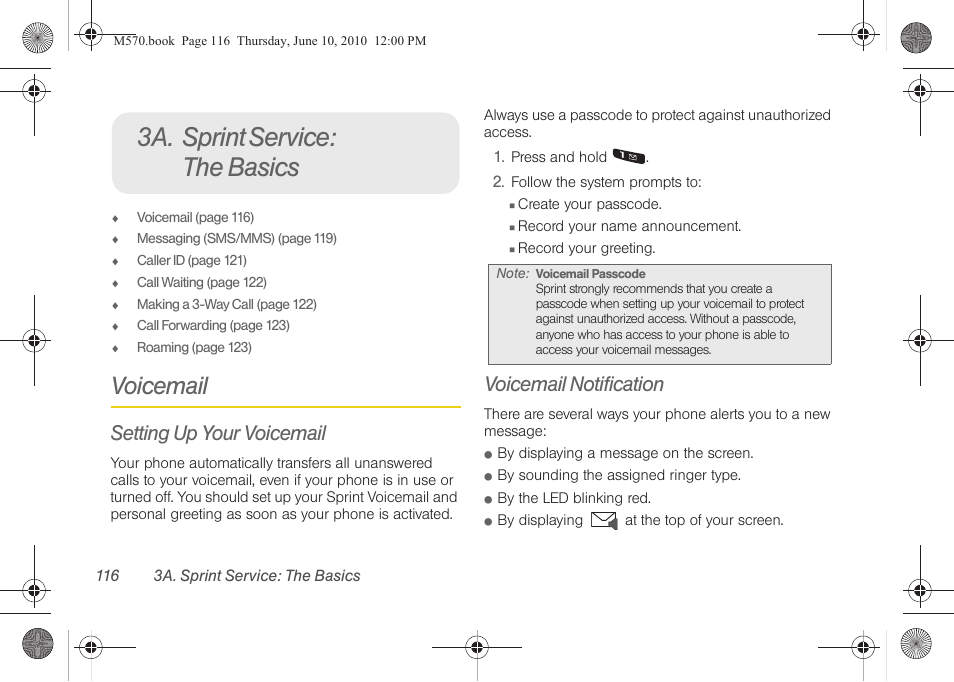 3a. sprint service: the basics, Voicemail, Setting up your voicemail | Voicemail notification | Samsung SPH-M570ZKASPR User Manual | Page 128 / 211