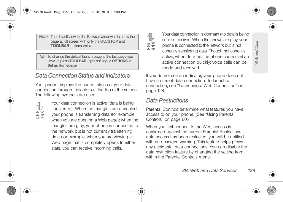 Data connection status and indicators, Data restrictions | Samsung SPH-M570ZKASPR User Manual | Page 141 / 211