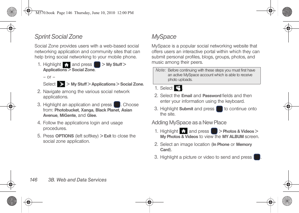 Sprint social zone, Myspace | Samsung SPH-M570ZKASPR User Manual | Page 158 / 211