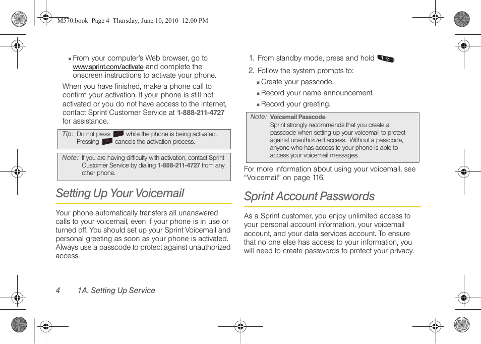 Setting up your voicemail, Sprint account passwords | Samsung SPH-M570ZKASPR User Manual | Page 16 / 211