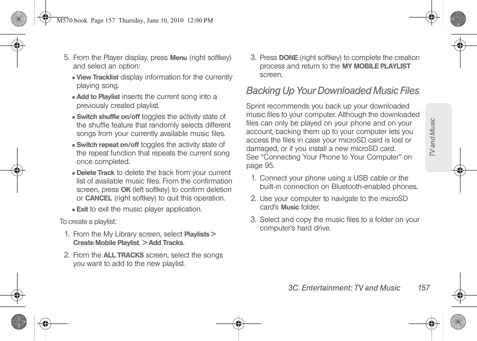 Backing up your downloaded music files | Samsung SPH-M570ZKASPR User Manual | Page 169 / 211