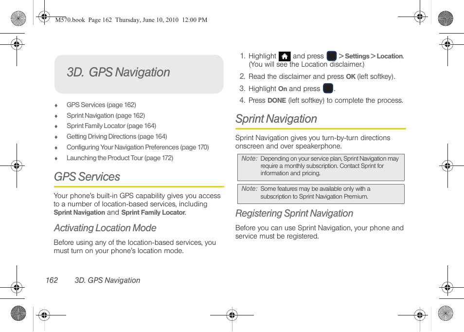 3d. gps navigation, Gps services, Activating location mode | Sprint navigation, Registering sprint navigation | Samsung SPH-M570ZKASPR User Manual | Page 174 / 211