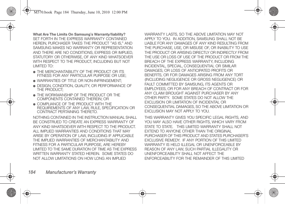 184 manufacturer’s warranty | Samsung SPH-M570ZKASPR User Manual | Page 196 / 211