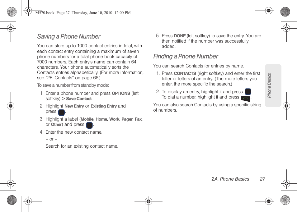 Saving a phone number, Finding a phone number | Samsung SPH-M570ZKASPR User Manual | Page 39 / 211