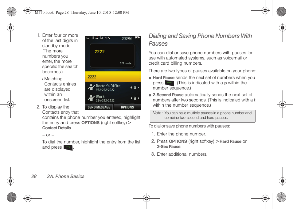 Dialing and saving phone numbers with pauses, See “dialing and saving phone | Samsung SPH-M570ZKASPR User Manual | Page 40 / 211