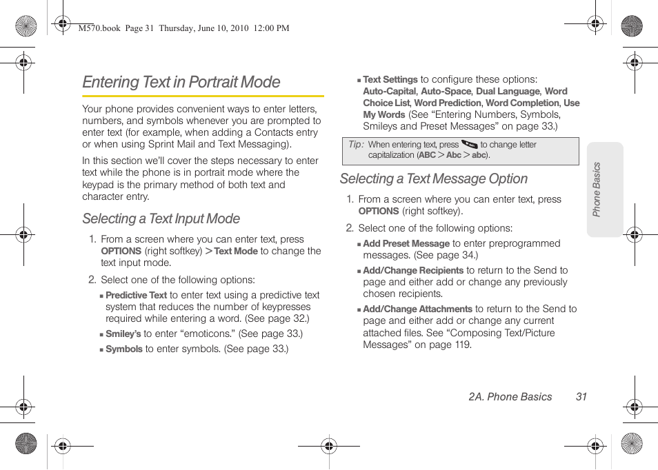 Entering text in portrait mode, Selecting a text input mode, Selecting a text message option | Samsung SPH-M570ZKASPR User Manual | Page 43 / 211