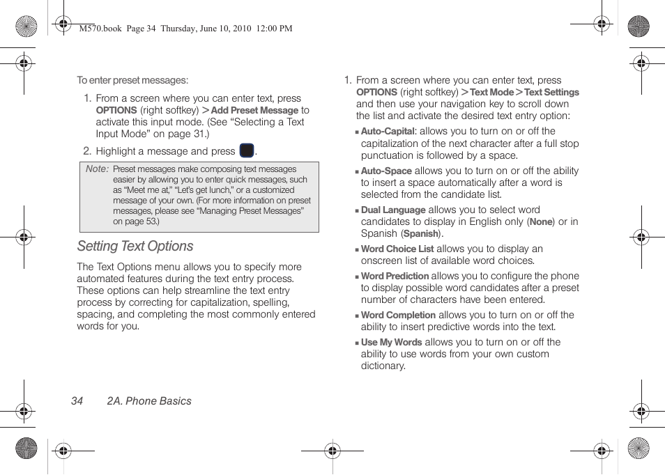 Setting text options | Samsung SPH-M570ZKASPR User Manual | Page 46 / 211