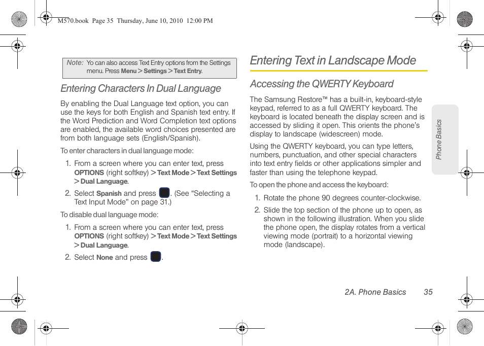 Entering characters in dual language, Entering text in landscape mode, Accessing the qwerty keyboard | Samsung SPH-M570ZKASPR User Manual | Page 47 / 211