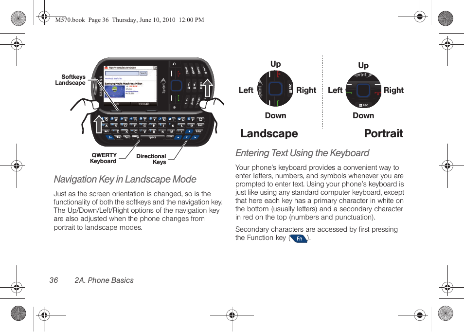 Navigation key in landscape mode, Entering text using the keyboard, Landscape portrait | Samsung SPH-M570ZKASPR User Manual | Page 48 / 211