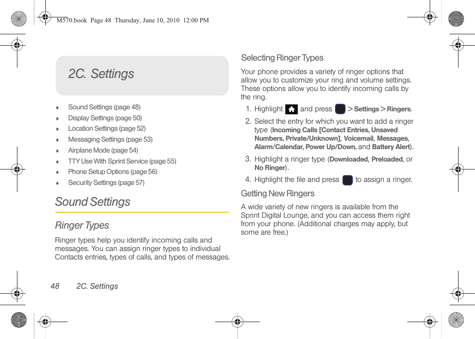 2c. settings, Sound settings, Ringer types | Samsung SPH-M570ZKASPR User Manual | Page 60 / 211